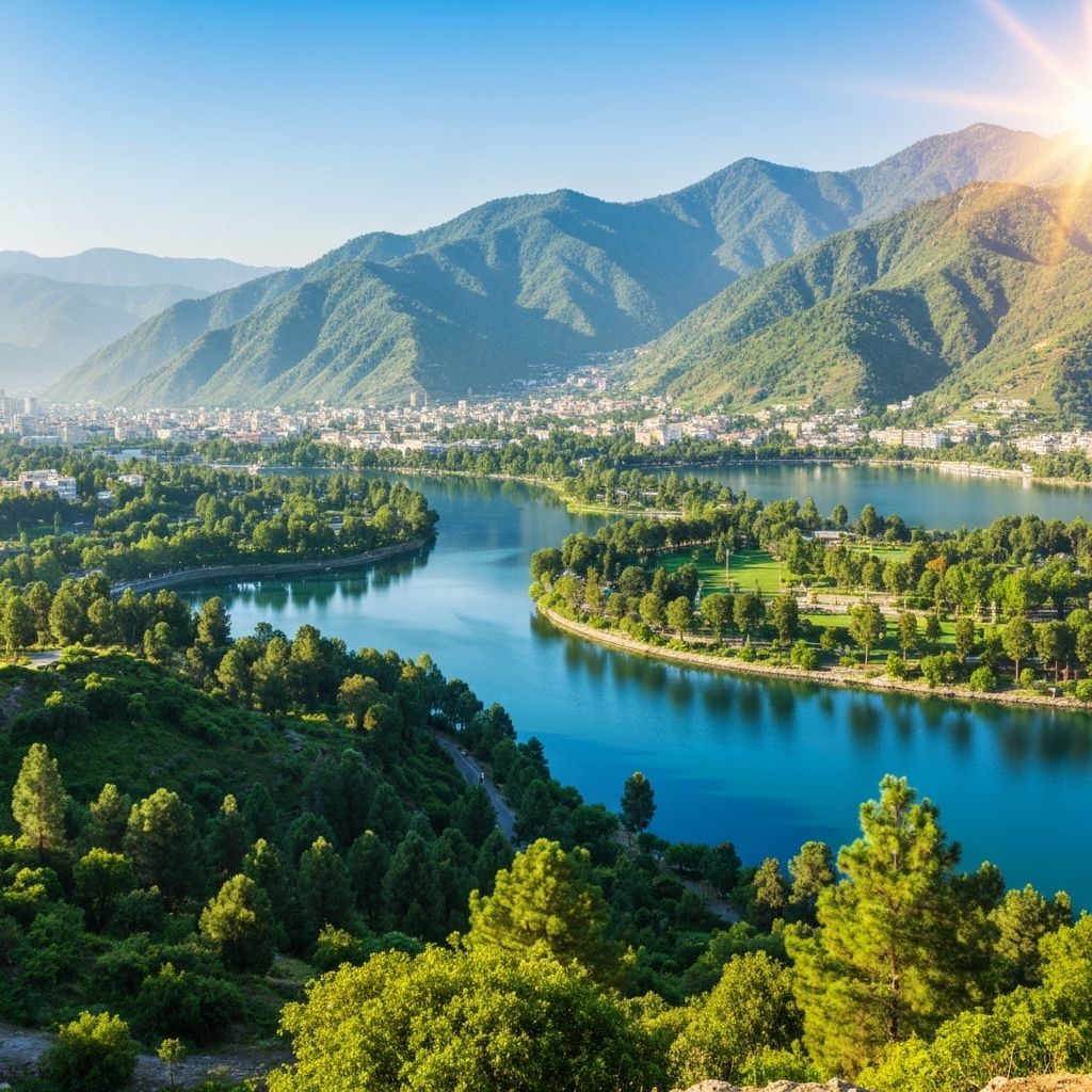 Beautiful Islamabad landscape with lush green mountains, clear water and sunshine representing clean environment